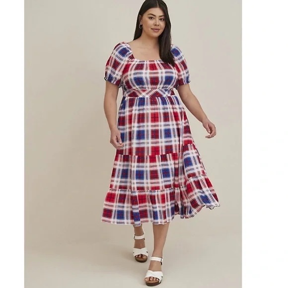 1x 14/16 Torrid Red White Blue Puff Sleeve Plaid Tiered Maxi Dress - Picture 1 of 3